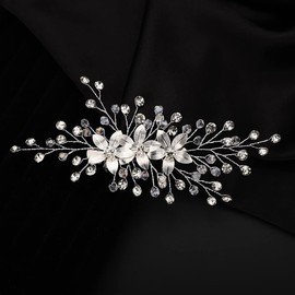 Teyglen Bridal Wedding Hair Clip Hairpin Flower Crystal Side Hair Clip Gold Silver Floral Rhinestone Hair Barrette Headpieces Bride Hair Accessories for Women Girls (Silver)