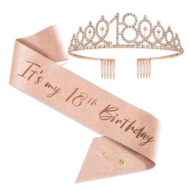 PGKDYC 18th Sash, 18th Birthday Sash, 18th Birthday Tiara, 18th Birthday Sash and Tiara, 18th Birthday Crown, for Women Birthday Party Supplies (Rose Gold)