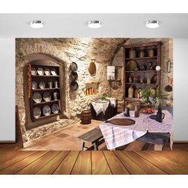 BELECO 2.1x1.5m Fabric Old Kitchen Backdrop for Photography Ancient Stone Wall Castle Kitchen Interior Cooking Utensils Dining Table Background Portrait Photoshoot Studio Photo Wall Mural