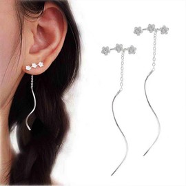 Aneneiceera Vintage Flower Chain Threader Earrings Silver Chain Tassel Drop Earrings Punk Dangle Chain Earrings Long Pull Through Earrings Jewellery For Women, Zinc