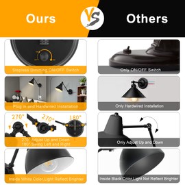 GOODATE Plug in Wall Sconces, Wall Sconce Lighting with Dimmable On Off Switch, Swing Arm Wall Lamp, Black Metal Industrial Wall Light Fixtures, Safety E26 Base, 6FT Plug in Cord
