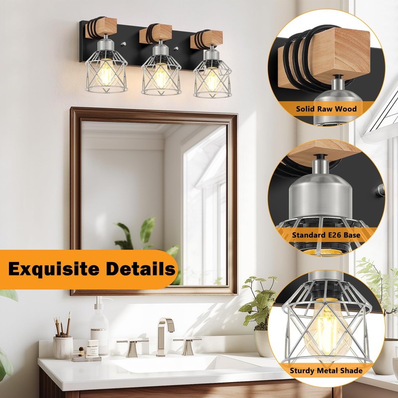 FadimiKoo 3-Light Wood Bathroom Light Fixtures Over Mirror, Rustic Black