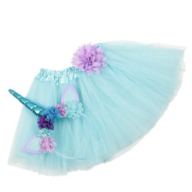 Nishine Tutu Skirt Dress + Unicorn Horn Headband Set Kids Birthday Photo Props Outfit - Blue