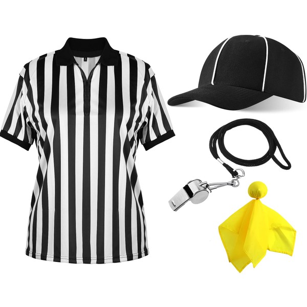 Geyoga 4 Pcs Men's Official Referee Costume Set White and Black Stripe Referee Zipper Collar Shirt Official Referee Hat Stainless Whistle with Lanyard Yellow Penalty Flag for Mardi Gras