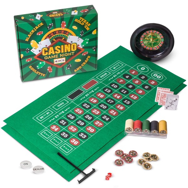 Brybelly Casino Night 4-in-1 Complete Game Set with Felts, Wheel, 100 Chips, Dice & Cards for Blackjack, Craps, Roulette & Texas Hold'em - Green Felt Double Sided Casino Tabletop Gaming Mat