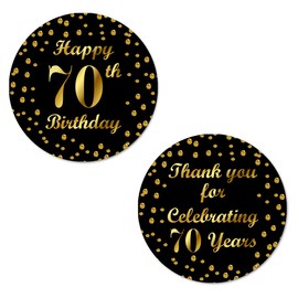 70th Birthday Round 2 Inch Big Glossy Stickers, Thank You for Celebrating 70 Years Black and Gold Labels, Great for Party Favors, Decorations, Tags, Gift Bags and Supplies. Made in USA