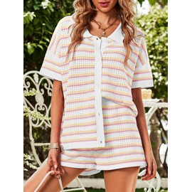 Saodimallsu Womens Summer 2 Piece Outfits Short Sleeve Striped Button Top and Shorts Crochet Knit Matching Lounge Sets