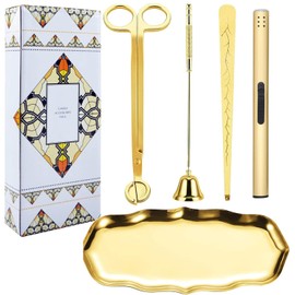 DRAMLOR 5 in 1 Candle Snuffer and Wick Trimmer Set with Candle Snuffer and Wick Trimmer and Lighter,Candle Wick Dipper and Tray, Gold Wick Trimmer and Snuffer Set for Scented Candle Lovers