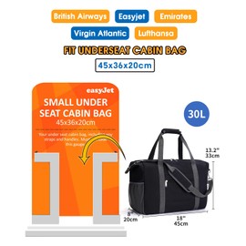for Easyjet Airlines Cabin Bag 45X36X20 Underseat Travel Duffel Bag Holdall Tote Carry on Luggage Overnight for Women and Men 30L (Black)