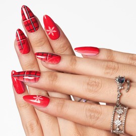 Red Press on Nails Short Almond for Christmas-GLAMERMAID Snow Red Fake Nails Medium with Design, Plaid Snowflake Acrylic False Nails Kit, Stick Glue on Nails Set for Women Girlfriend New Year Gift