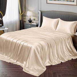 Vonty Satin Queen Bed Sheets - Silky Soft Beige Satin Sheet Set, 1 Deep Pocket Fitted + 1 Flat + 2 Pillowcases