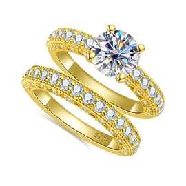 Idocare 2 ct All Moissanite Wedding Rings Set for Women D Color Round Cut Yellow Gold Plated 925 Sterling Silver Engagement Jewelry size 9