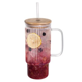 erichbow 32oz Ribbed Glass Cup with Handle Bamboo Lid and Straw, Glass Tumbler, Iced Coffee Cups Hot/Cold Drinks