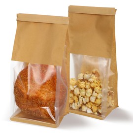 50 Pack Bakery Bag with Window, 5.1 x 3.9 x 11 Inches Kraft Paper Cookie Bags Tin Tie Tab Lock Treat Bags for Packaging Breads, Pastry, Donuts, Popcorns, Granola and Snacks