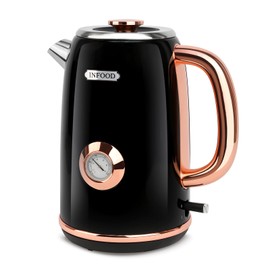 INFOOD Retro Electric Kettle 1.7L/57oz with Thermometer - 1500W Fast Boiling Stainless Steel Hot Water Tea Kettle, BPA-Free, Cordless, Auto Shut-Off, Boil-Dry Protection, Black