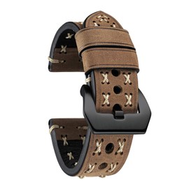 BINLUN Leather Watch Strap for Men, Retro Handmade Leather Watch Band 20/22/24/26MM for Women, Replacement Thick Vintage Watch Straps, Dark Brown/Black Buckle,22mm