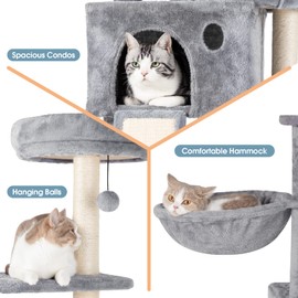 Nineshi 59in Large Cat Tree Tower for Indoor Cats with Soft Plush Hang Ball, Two Condos, Sisal Scratch Posts & Hammock for Kittens/Adult Cats, Grey