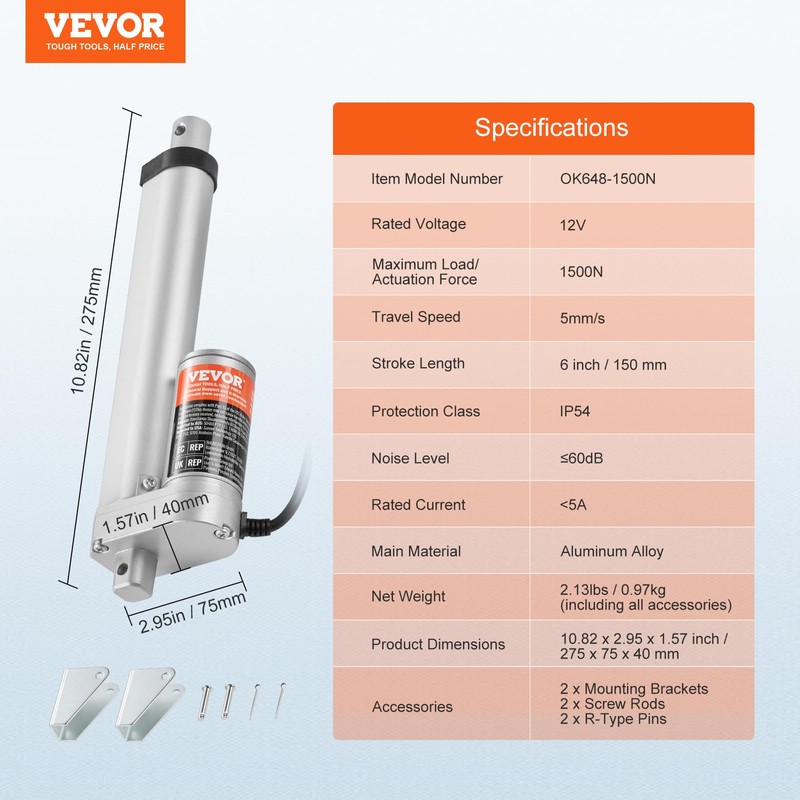 VEVOR 12V Linear Actuator - 6 Inch Stroke, High Load