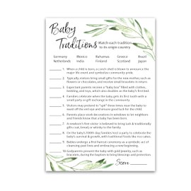 GREENERY Baby Shower Game — BABY TRADITIONS around the World Game — Pack of 25 — Fun Facts Games, Floral Green Olive Branch Trivia Baby Shower Activity, Rustic Gender Neutral Baby Shower G320-BTW1
