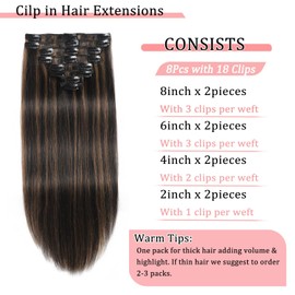 Clip in Hair Extensions Real Human Hair Clip in Extensions for Women Seamless Balayage Natural Black to Chestnut Brown Straight Remy 100% Human Clips ins Extension 8pcs Double Weft 22 inch 4oz/110g