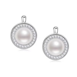 Moissanite Freshwater Pearl Creole Earrings with Certificate of Authenticity 925 Sterling Silver and 18K White Gold, Sterling Silver, Moissanite