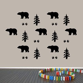Woodland Forest Bear Wall Decals, Vinyl Wall Decals Sticker for Nursery, Kids Room, Entryway, Man Cave, Family and Living Room, Cabin Décor, Woodland Decor - Bear Forest Wall Decal Set | Black