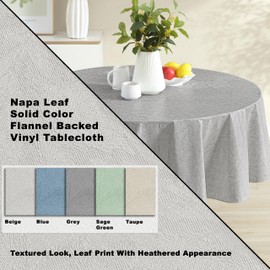 Newbridge Grey Napa Leaf Solid Color Vinyl Flannel Backed Tablecloth, Hotel Quality Indoor/Outdoor Patio, Kitchen, BBQ, Dining Room Vinyl Tablecloth, 70” Round