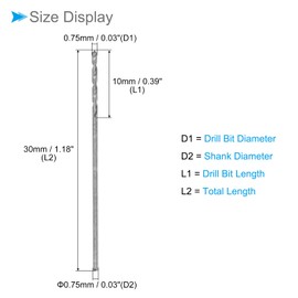 CoCud Micro Drill Bit, 0.03 inch (0.75 mm), Drill Diameter 1.2 inches (30 mm), Total Length 25.6 inches (6542 mm) High Speed Steel, Fully Polished Twist Drill Bit for Copper, Metal and Wood, 10 Pieces