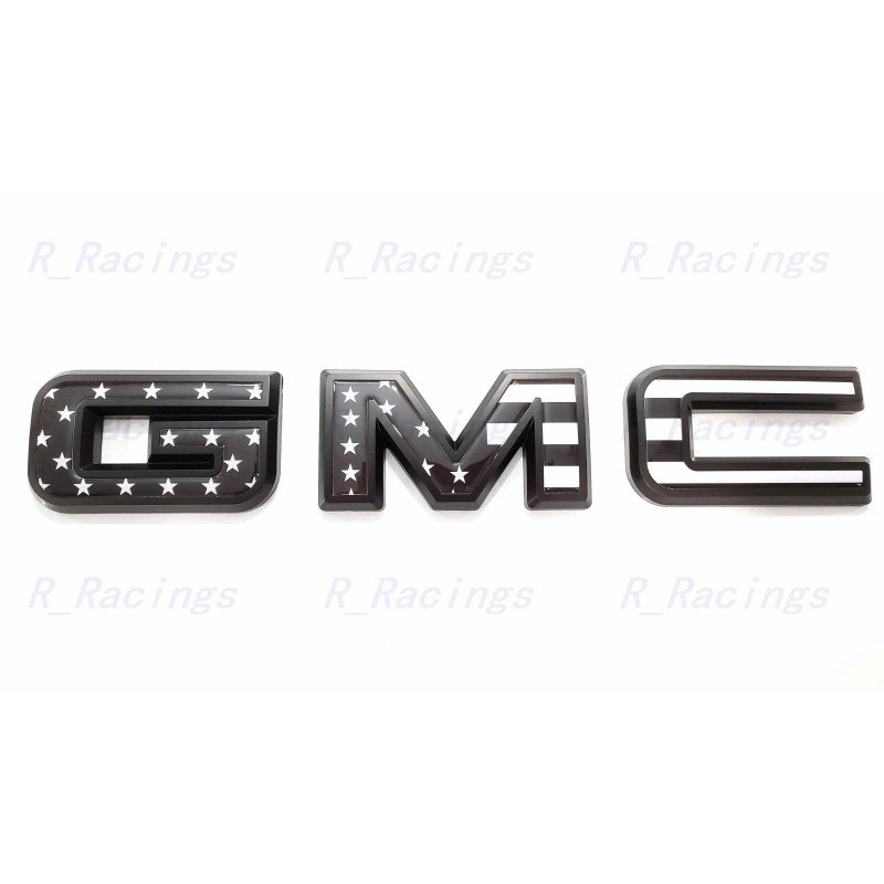 Auto Front & Rear GMC Black USA Flag OVERLAY Emblem