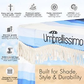 Premium Beach Cabana - Umbrellissimo Signature Blue Ombre. Includes Sand Anchor, Designer Canvas Prints & Fringe finishes, Sand Pockets, pegs, Carry Bag. Easy Set up 6.6'x6.6' of Cool UPF50+ Shade