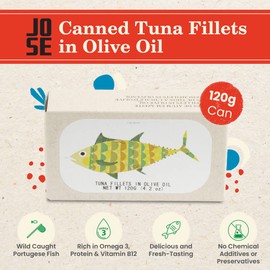 Canned Tuna Fillets in Olive Oil by Jose Gourmet, Wild Caught Portuguese Tuna, Canned Fish in Olive Oil, Omega 3, Fair Trade, 125g Can, Pack of 3