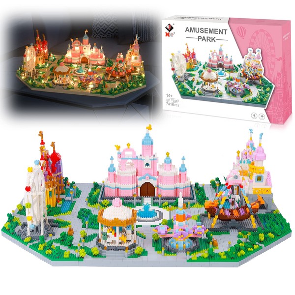 Chifafortoo 7416pcs Friends Magical Playground Building Block Set for Kids Theme Park with Ligths, Princess Castle Ferris Wheel Carousel 7 in 1 Micro Mini Building Bricks Kit