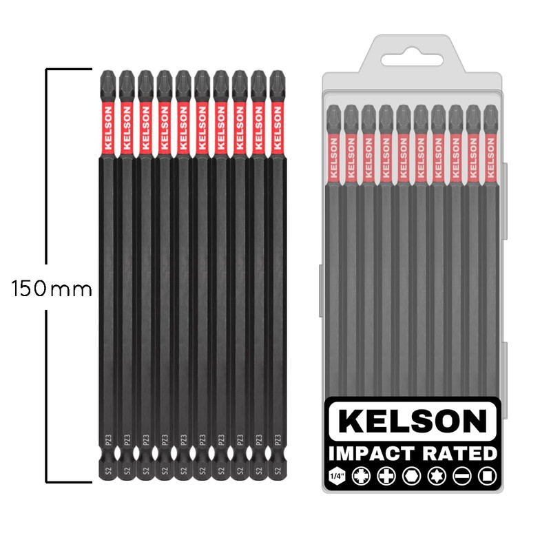 KELSON Impact Rated PZ3 Screwdriver Bits, 150mm Length, S2 Steel,