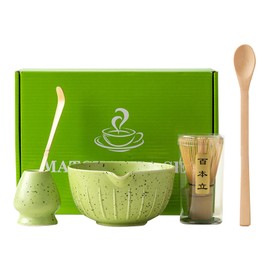 Matcha Tea Set with Whisk and Bowl, Bamboo Matcha Whisk Matcha Spoon Ceramic Matcha Whisk Holder Matcha Ceremony Kit(Green)