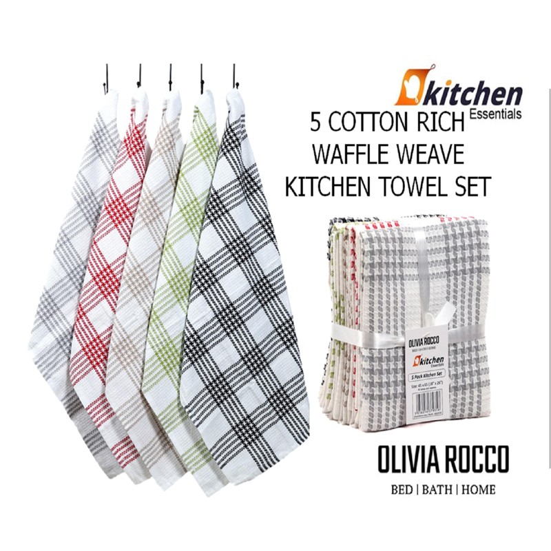 Olivia Rocco Pack of 5 Houndstooth Kitchen Tea Towels Cotton