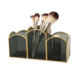 HARLIANGXY Make Up Brush Organiser Black, Vintage Cosmetic Brush Storage, Glass & Metal Make Up Brush Holder, Cosmetic Organiser, Make Up Container, 23.9 x 7.9 x 13 cm