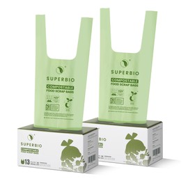SUPERBIO 13 Gallon Handle Tie Compostable Food Waste Bags, 30 Count, 2 Pack, ASTM D6400, BPI and OK compost INDUSTRIAL, 49.2L, 0.87 Mil