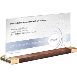 ECKEK Desk Name Plate Holder, Acrylic Sign Holder for Table Display, Wood Base Double Sided Nameplate 200*90MM/7.87x3.54 inches