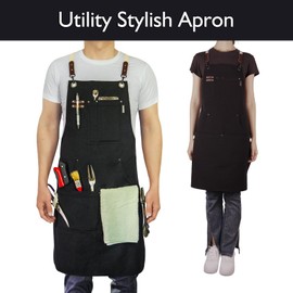 Stenffy Handmade Work Apron, Cotton Canvas, Multiple Pockets, Adjustable Cross Back Weight Apron, BBQ Cafe Kitchen Painting Carpenter Artist Apron, Aprons for Men Women, Sizes M to XXL, Black