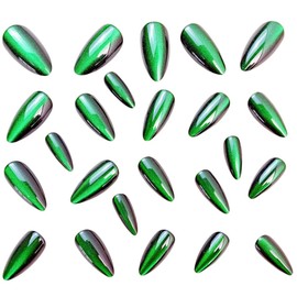 Green Press on Nails Medium Almond Fake Nails with Cat Eye Designs Full Cover Glossy Acrylic Nails for Women 24PCS