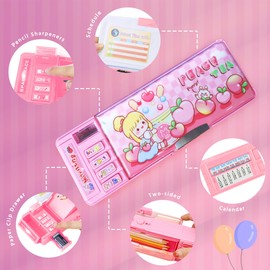 FayinLuna Pop Up Multifunctional Pencil Case with Sharpener & Planner - Perfect School Supplies for Kids & Teens, Best Birthday Gifts for Student (Pink peach)