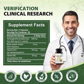 Ashwagandha Supplements 2400mg Organic with Black Pepper Vitamin B12 & B6 for Max Absorption Stress Relief Athletic Performance for Men & Women 60 Capsules