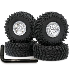 HOBBYSOUL RC 64mm Tall 1.0 beadlock wheels tires, 1.0 Tires Tyres & Metal 1.0 wheels +1mm & -3mm offset Rims Silver For RC Mini Crawler Trail 1/24 SCX24 FMS24 FCX24 1/18 TRX4M
