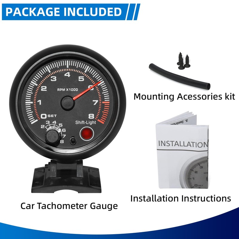 MH 3.75" 95mm Tachometer 0-8000 RPM Gauge Car AUTO Tacho