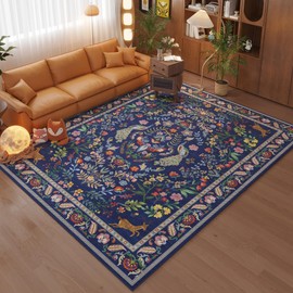 Rugcomf Living Room Rug 5x7 Rug Machine Washable Area Rug Floral Non-Slip Low Pile Large Rugs for Living Room, Bedroom, Farmhouse, Dining Room, Kids Playroom(Blue)