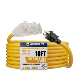 Lighted Outdoor Extension Cord 3 Electrical Power Outlets Fan Style by Journeyman-Pro 12/3 SJTW Heavy Duty Yellow Extension Cable 3 Prong Grounded Plug 15 AMP | 2, 10, 25, 50 Foot (Yellow - 10 FT)