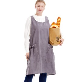 APRONNER Big Plus Size Aprons for Women with Pockets Cotton Linen Baking Kitchen Cooking Smooth Grey