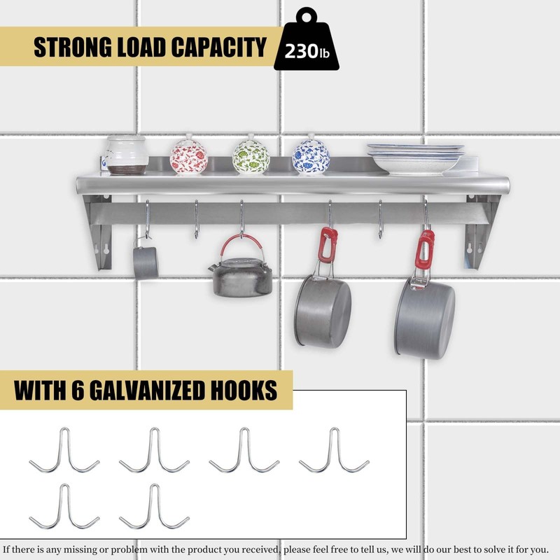 HALLY Stainless Steel Shelf with 6 Hooks 12" x 36"