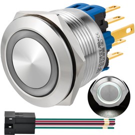 25mm Momentary Big Push Button Switch Stainless Steel 304 with 12V DC/AC LED Angel Eye Ring Suitable for 1in Mounting Hole with Wire (White, Flat Head)