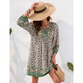 Bluetime Women Summer Tunic Dress 3/4 Sleeve Flowy Beach Cover up Boho V Neck Mini Short Dress (XXL, Dark Green)